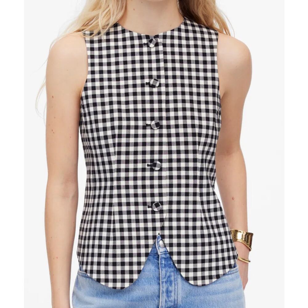 NWT Madewell Single-Breasted Crewneck Vest True Black White Checkered - Picture 1 of 12